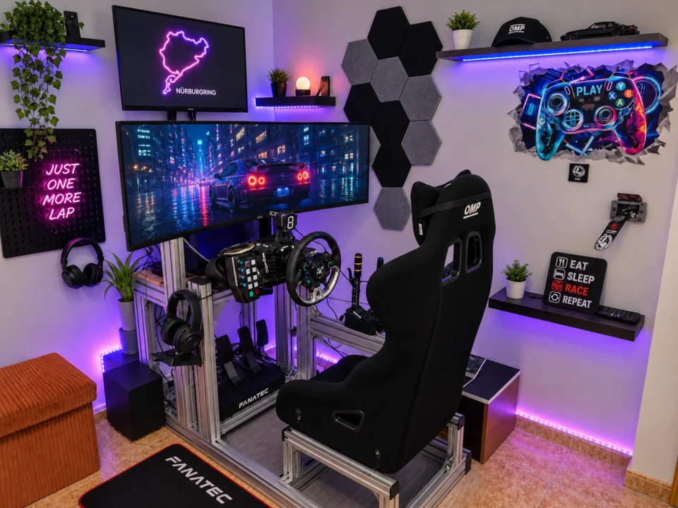 Cockpit GT Pro de aluminio instalado en una habitación de simracing con asiento negro e iluminación violeta.