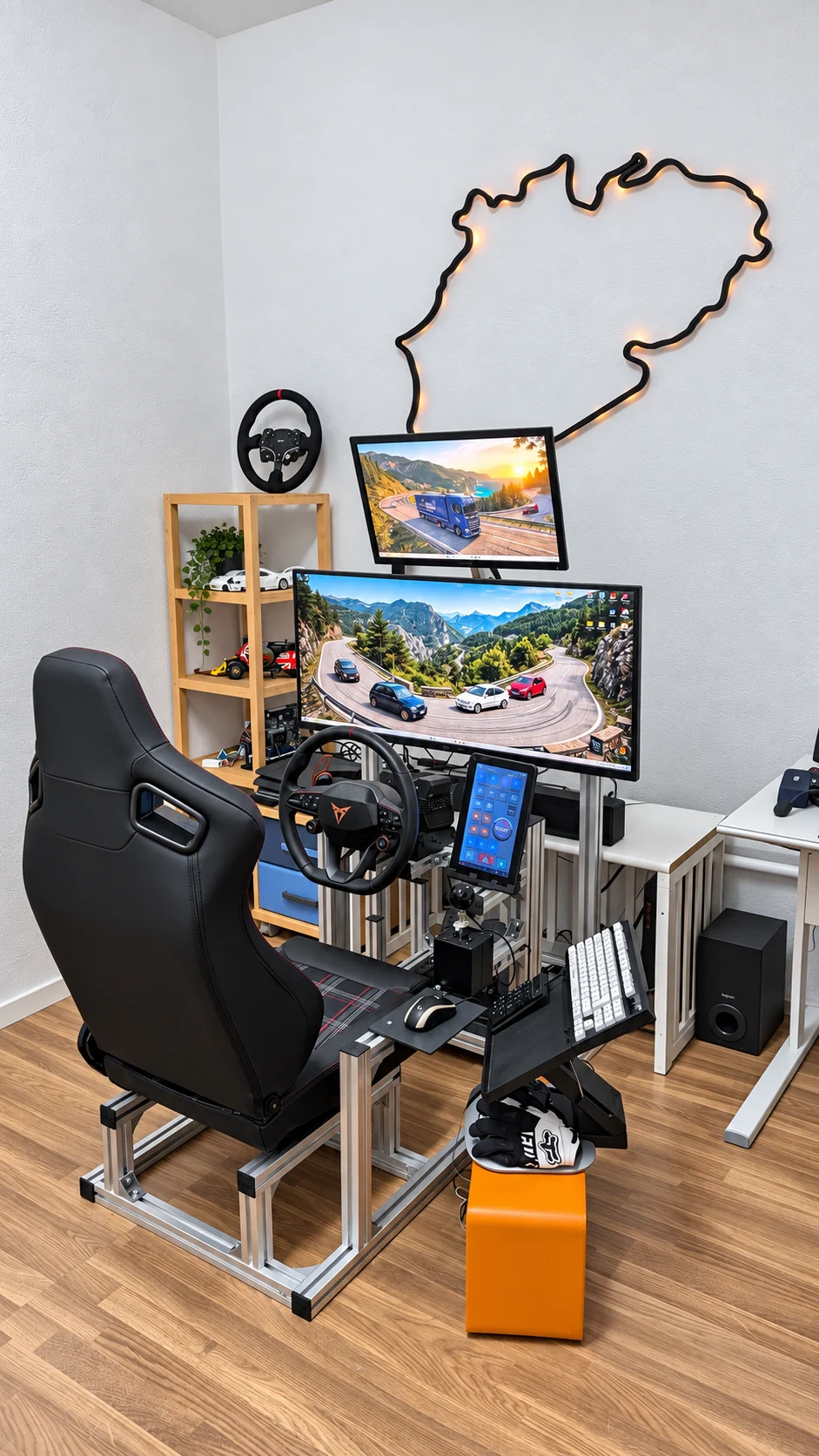 Setup real de un cliente con cockpit de aluminio, asiento negro, dos monitores y accesorios.